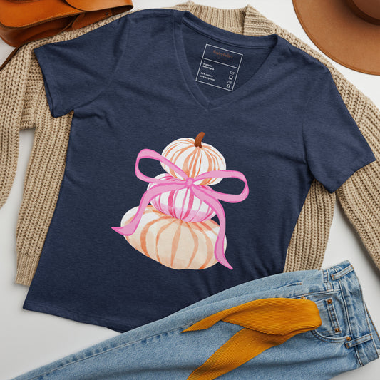 Pink Pumpkin Bow Women’s relaxed v-neck t-shirt